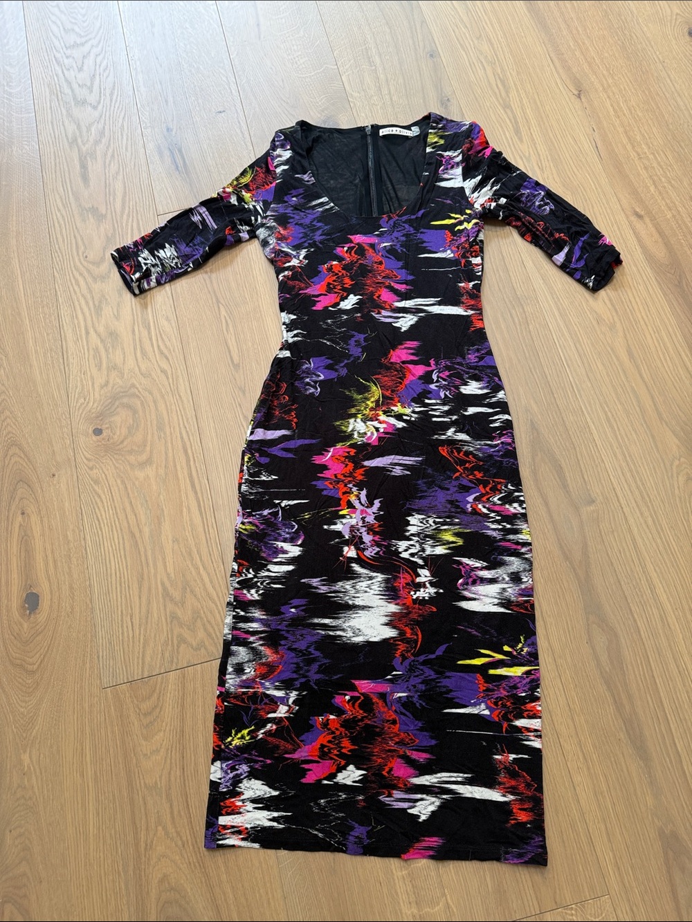 Alice + Olivia Black Midi Dress with Purple, Red & White Abstract Print
